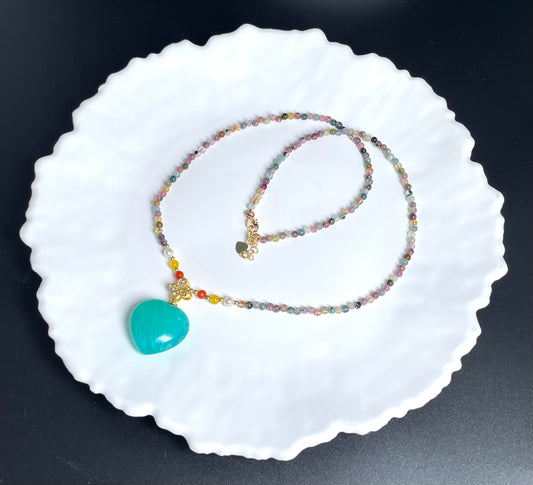 Mina Tourmaline [碧玺] Beaded Necklace With Amazonite Pendant