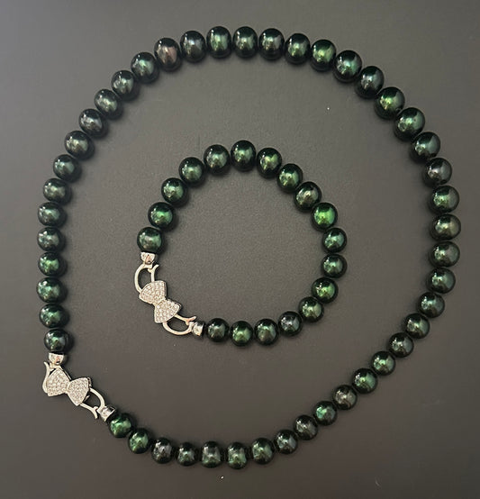 Nemi Natural Pearl Beaded Necklace + Bracelet Set - Malachite