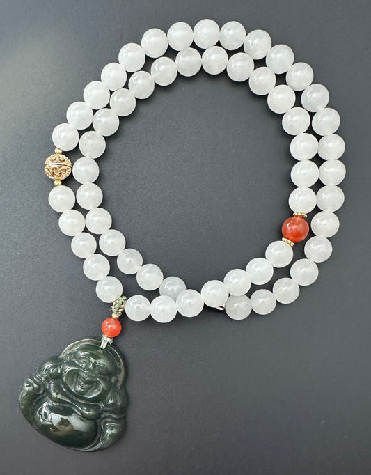 Tena Hetian Jade [和田玉] Beaded Necklace with Buddha Pendant